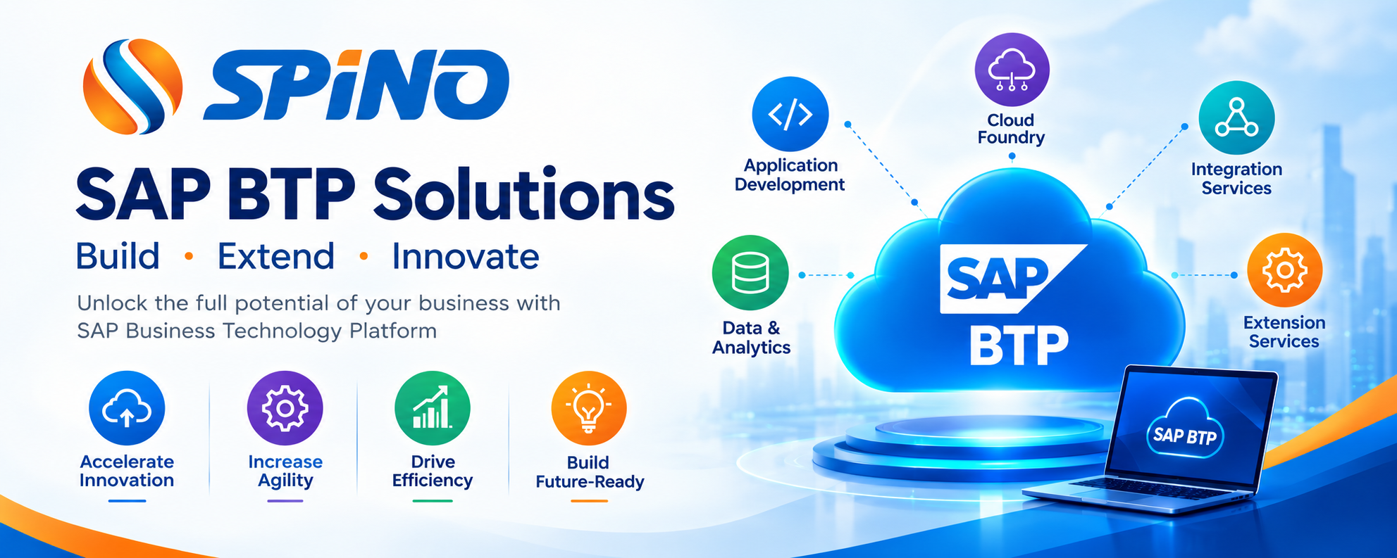 Promotional banner for SPiNO SAP BTP Solutions: Build, Extend, Innovate with cloud services; laptop showing SAP BTP on a blue cloud graphic.